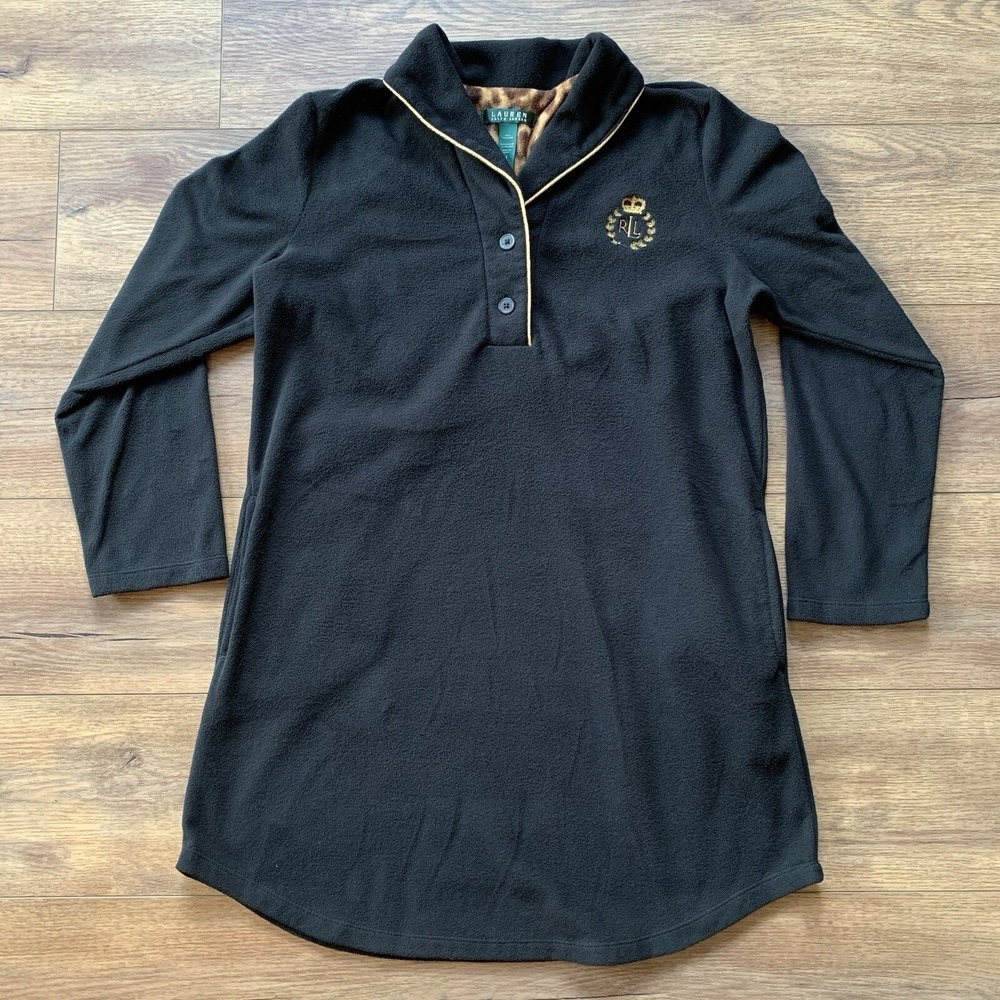 Lauren Ralph Lauren Green Label Women's Medium Black V Neck Tunic Fleece Sweater